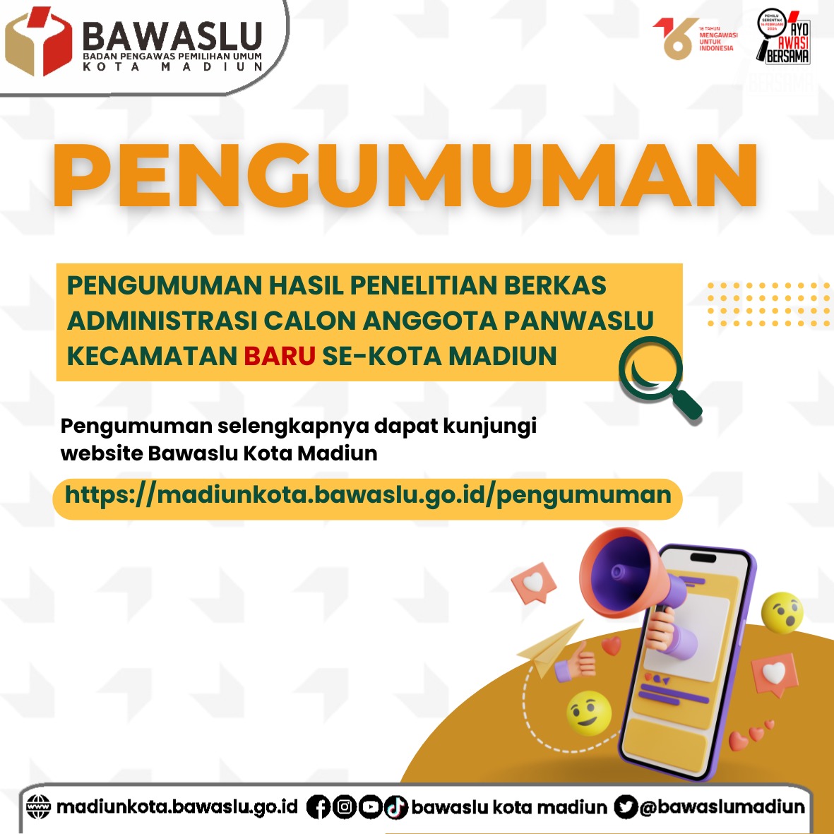 Pengumuman lolos administrasi Panwascam Kota Madiun